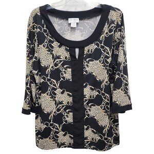 Kate & Mallory Womens Wearable Art Top Size 1X Black Beige Printed 3/4 Sleeve